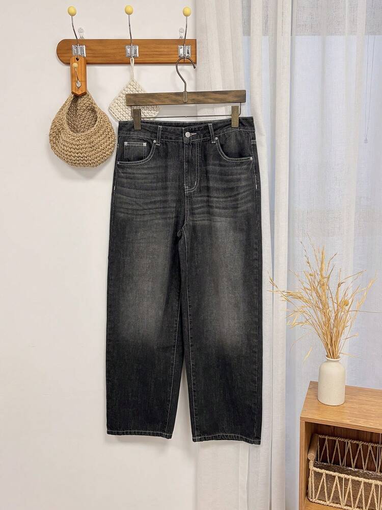 Men's Solid Color Washed Distressed Black Jeans, Autumn