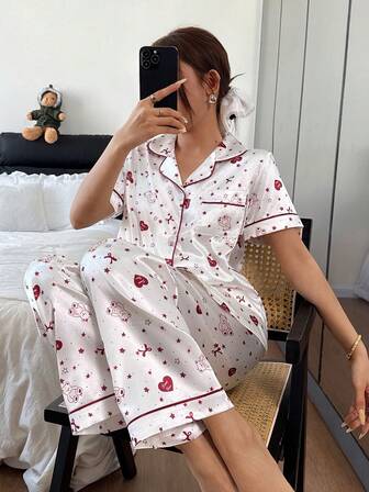 Dream Adore Conjunto de pijama de mujer de seda sintética con estampado de oso de peluche