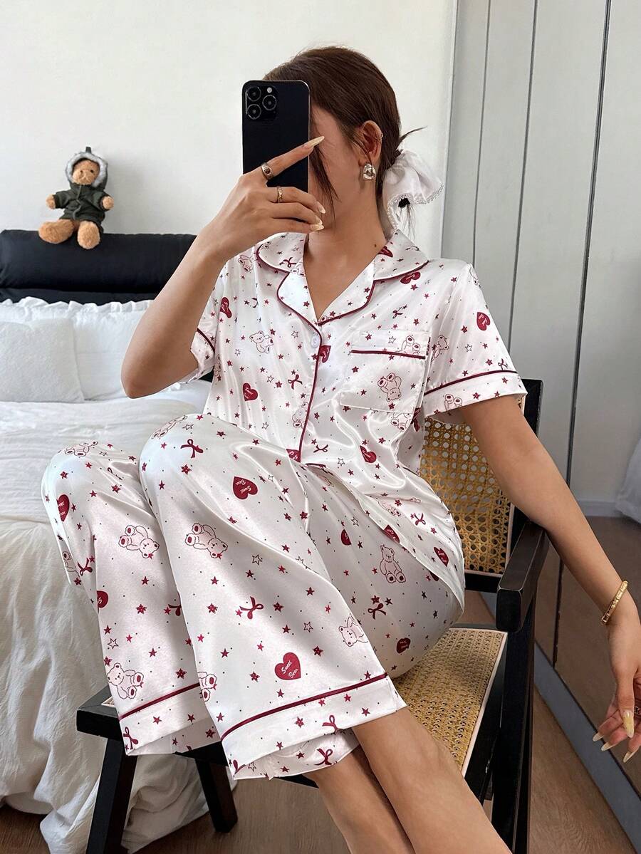 Dream Adore Teddy Bear Print Faux Silk Women Pajama Set - White - View 1