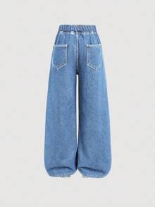 SHEIN 少女宽松基础款蓝色牛仔保暖裤，秋冬季 - 淺色水洗藍 - 查看 3