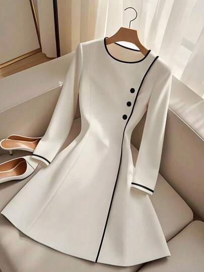 INAWLY Casual Elegant Commuter Color Block Round Neck Long Sleeve Women Dress Fall Cloth For Women