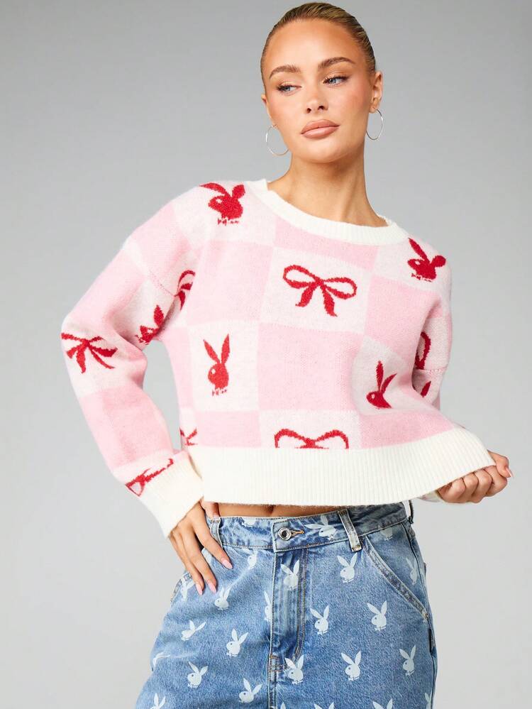 Missguided x Playboy Christmas Oversized Cropped Knit Sweater With Bunny Bow Pattern Long Sleeve Pullover Winter Fall Cozy