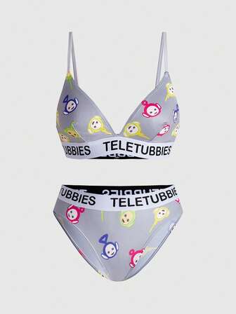 Teletubbies X ROMWE Conjunto de sujetador y pantaleta con estampado de letras divertidas y diseños de dibujos animados en forma de triángulo para mujeres
