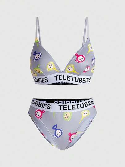 Teletubbies X ROMWE Ensemble de soutien-gorge et culotte à motif de lettre amusante et de dessin animé en triangle pour femmes