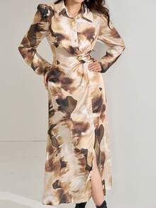Heiryn Women's Tie-Dye Print Long Sleeve Ruched Waist Fashion Shirt Dress Earth Tone Dress Long Sleeve Dresses Woman - Brown - View 1