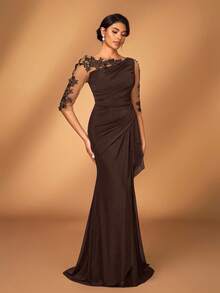 Serin 优雅奢华刺绣蕾丝薄纱长袖弹力针织网纱褶皱美人鱼裙摆连衣裙，适合婚礼、派对、度假、盛大晚宴、新娘送礼会、情人节等场合。 - 咖啡棕 - 查看 6