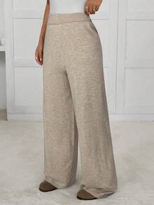 SHEIN EZwear 女士纯色弹力腰阔腿休闲针织裤，秋冬款 - 卡其色 - 查看 3