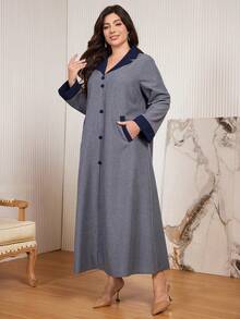 Al Najma Casual Color Block Button Decor Long Sleeve Loose Regular Dress, Plus Size, Spring/Autumn - Multicolor - View 5