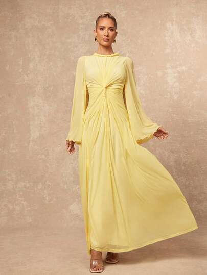 Lumalex New High-End Elegant Modest Old Money Sea Beach Outdoor Richly Layered Wedding Season Women's Twist Waist Yellow Gown Wedding Guest Dress Dress Modest Yellow Wedding Guest Dress Light Yellow Dress Women Butter Yellow Dress Yellow Church Dress, Holiday, Vacation, Birthday,ID Al-Adha Al-Adha Party ,Romantic Valentine's Day Date Dresses For Women Elegant,Dresses For Women Elegant Spring/Summer