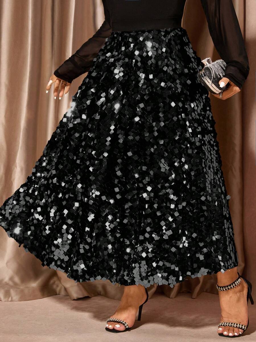 Cravure 大码女式弹力腰亮片A字裙，优雅适合派对和晚宴穿着，秋冬季 - 黑色 - 查看 1