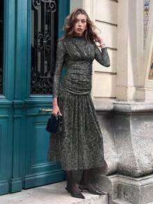 Pariaura Women's Dark Green Autumn Elegant Long Dress With Leopard Print & Ruched Details,Chic Delicate Tulle Figure-Flattering Apparel For Night Out - Multicolor - View 5