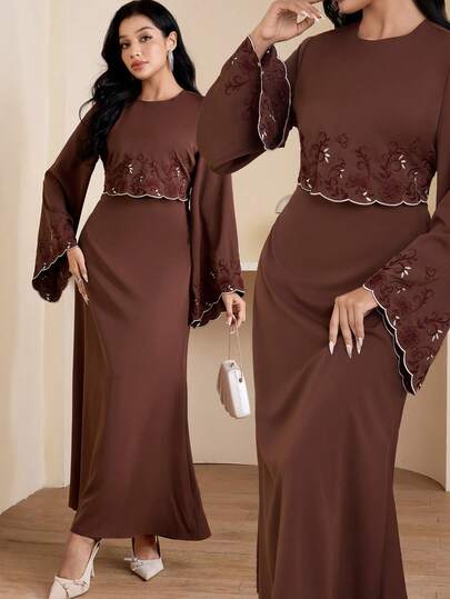 Veilorie Women's Elegant Embroidered Flare Sleeve Arabic Style Dress, Autumn