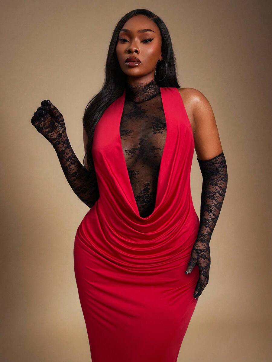 Radiana 大码女装秋冬春夏优雅华丽性感基础款浪漫蕾丝拼接垂褶领修身连衣裙，时尚日常派对礼服，适合舞会、晚宴、邮轮旅行、情人节、音乐节、演唱会等场合。 - 彩色 - 查看 1