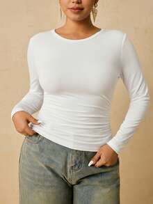 Freevana Große Größen Damen Schwarz Langarm Rundhals Thermo Unterhemd, Taille gerafft Bauchkontrolle T-Shirt - Weiss - Übersicht 1