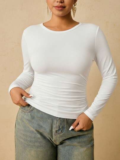 Freevana Große Größen Damen Schwarz Langarm Rundhals Thermo Unterhemd, Taille gerafft Bauchkontrolle T-Shirt