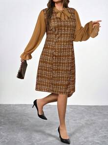 Chikora 大码优雅通勤格子拼布连衣裙 - 棕色 - 查看 3