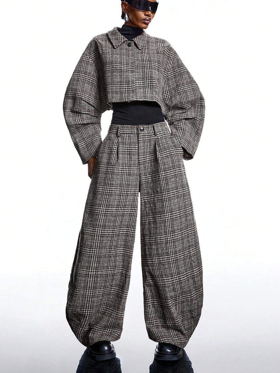 LYSMO 女士千鸟格落肩单排扣短款大衣 - 橄欖綠 - 查看 1