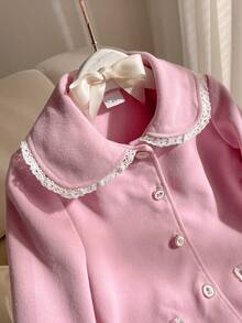 Süßer und niedlicher Pullover für Kleine Kleine Mädchen mit Fake-Tasche, Spitzenbesatz, Langarm, in minimalistischem Rosa mit Wollkragen - Pink - Übersicht 4