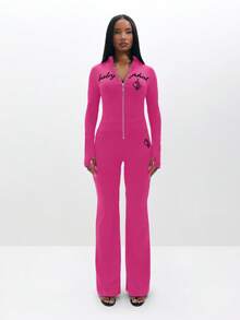 BABYPHAT Long Sleeve Zip Up Top With Text Print And Full Length Wide Leg Design - Hot Pink - View 3