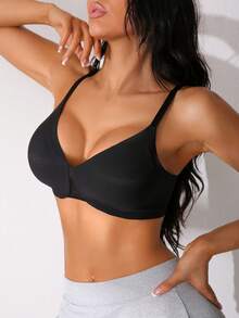 NudeFit 1 pieza Sujetador inalámbrico sin costuras para mujer, sujetador acolchado con parches de malla deunicoloro y sexy que brinda soporte - Negro - Ver 7