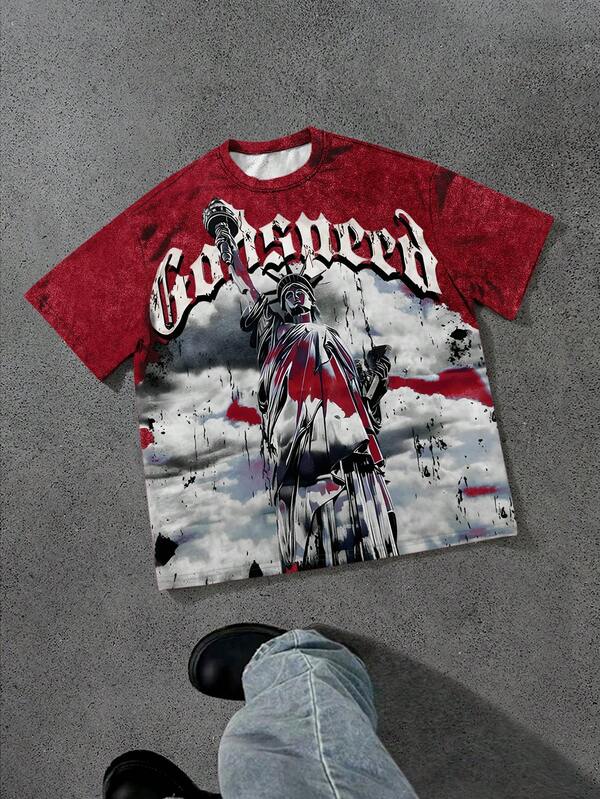 PAVTROS Manfinity Streetrush Men's Summer Fashion Statue Of Liberty Print T-Shirt