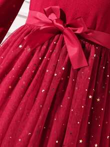 SHEIN Tween Girl' 优雅串珠立领泡泡袖网眼覆盖连衣裙，适合外出、聚会、宴会 - 酒紅色 - 查看 7