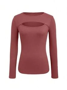 EMERY ROSE Áo thun nữ tay dài màu trơn đơn giản, đa năng - Màu Hồng  Dưa hấu - Xem 4