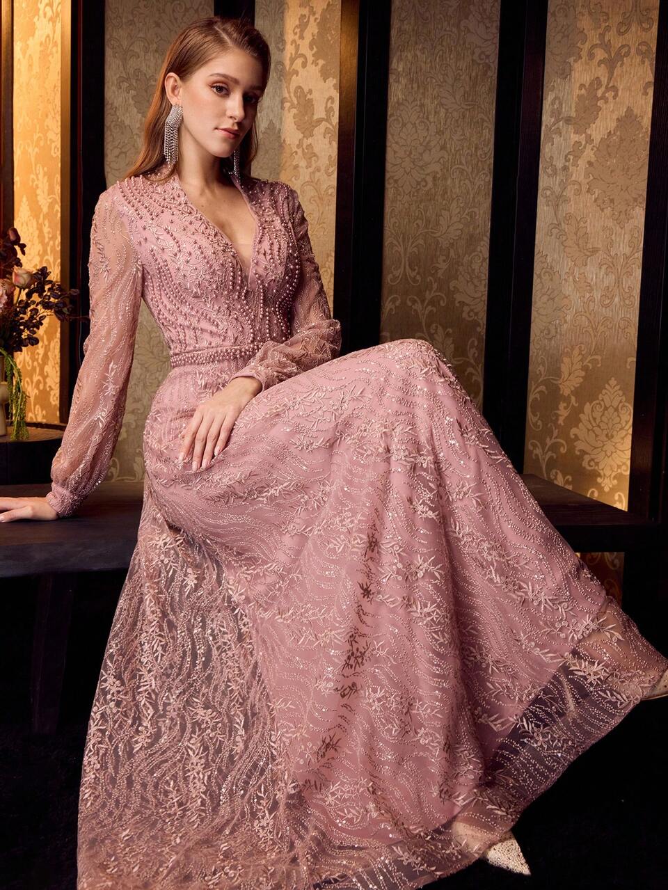 MOTF Soiréza WOMEN'S LONG SLEEVE DEEP V-NECK PARTY GOWN – FLOOR-LENGTH SILHOUETTE WITH PEARL EMBELLISHMENTS,RANDOM PATTERNS LACE & PEARLS