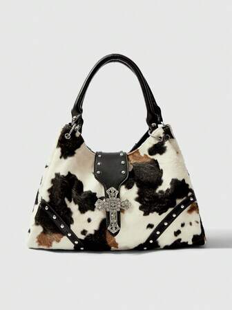 Grunge Punk Fashionable Leopard Print Casual Large Capacity Tote Shoulder Bag For Women, New Fall Winter Cheetah Print Purse For Women