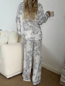 CottageSlumber بيجامة نسائية من قطعتين، طقم بيجامة طويلة الأكمام مطبوع بطبعة زهرية مجعدة، قماش حرير، ملابس شتوية