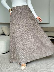 Lacomfia Plus Size Women Casual High Waist Loose Knit Textured Waist Cinched Skirt, Versatile For Autumn/Winter - Coffee Brown - View 4