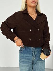 SHEIN EZwear 女式咖啡棕色翻领长袖双排扣夹克，秋季 - 咖啡棕 - 查看 5