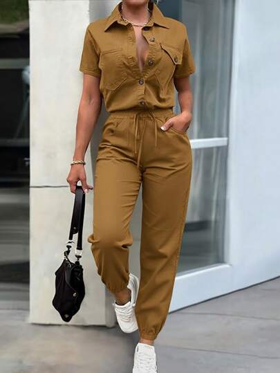 EMERY ROSE 女士春夏优雅纽扣装饰口袋宽松上衣和修身连身裤