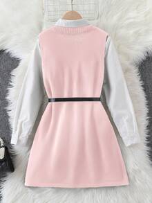SHEIN 1件女童简约休闲优雅无袖开衩设计常规厚度圆领百搭黑色针织长款毛衣，日常休闲穿着，春秋季 - 粉色 - 查看 2