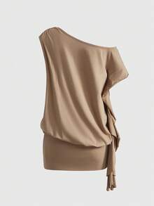 ROMWE J-Fashion Y2K Sexy Babe Asymmetric Shoulder Rhinestone Letter Single Ruffle Sleeve Asymmetrical Bodycon Dress - Brown - View 2