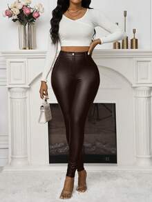 Zolique Slim Fit PU Fabric Slim Leg Trousers - Brown - View 5