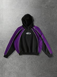 ROMWE MEN Street Life Áo hoodie in họa tiết tương phản chắp vá cho nam, dáng rộng - màu đen - Xem 1