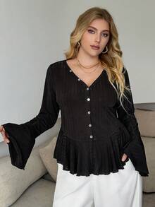 Modelyn Women's V-Neck Flare Sleeve Fashion Elegant Ruffle Trim Fitted Plus Size T-Shirt - Black - View 3