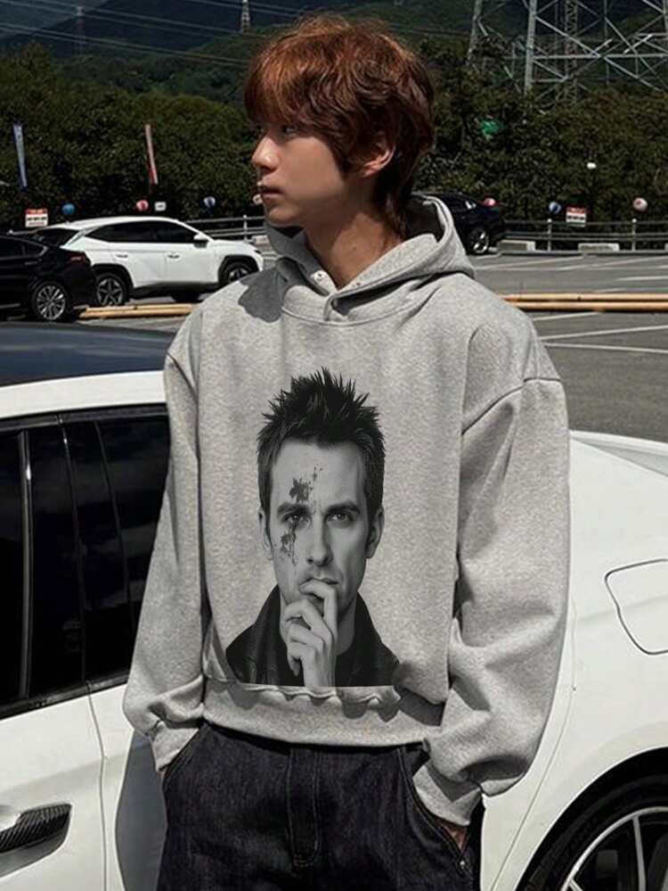 Men's Graphic Print Thermal Lined Short Hoodie, Grey, Autumn/Winter