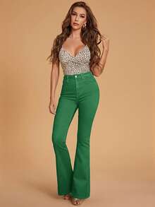 Selenza Women's High Waist Pocketed Flare Casual Versatile Jeans - Green - View 3