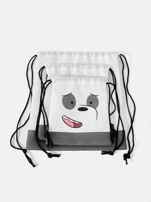 We Bare Bears X SHEIN أكياس سحب للسفر مطبوعة بالرسوم الكرتونية والأحرف، أكياس تخزين متعددة الأحجام - أبيض وأسود - مشاهدة 4