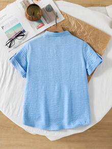 SHEIN Vacaura 1pc Tween Boys' Stand Collar Gentleman Style Solid Blue Casual Short Sleeve Shirt, Spring/Summer - Baby Blue - View 3