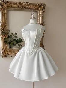 Lovelzi 优雅奢华白色缎面手工珍珠装饰复古腰线泡泡裙摆短款连衣裙，适合婚礼、新娘礼服、晚宴、派对、礼品等场合。 - 白色 - 查看 2