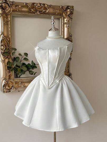 Lovelzi Elegant Lyxig Vit Satin Handgjord Pärldekor Vintage Midja Bubbelfåll Kort Klänning, Lämplig För Bröllop, Brudklänning, Gala, Fest, Present