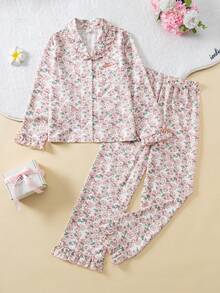 Girls Floral Ruffle Trim Long Sleeve Pajama Set - Pink - View 3