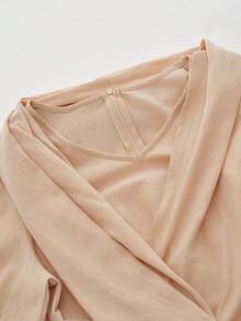 SHEIN Stylify 女士休闲围巾系腰简约纯色长袖A字连衣裙，秋冬款 - 杏色 - 查看 4