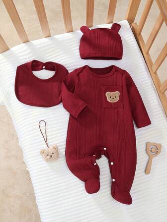 3pcs Newborn Long Sleeve Footed Jumpsuit, Bib, And Hat Set, Knitted Jacquard Fabric With Cute Bear Embroidery