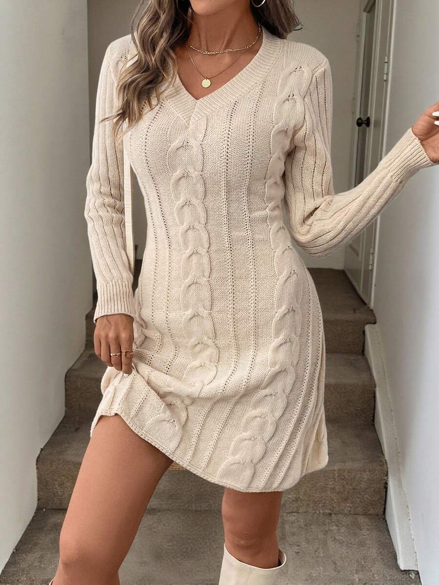 Easowa V-Neck Waist Gathered A-Line Flare Dress, Textured Knit, Casual & Work Appropriate, Warm Winter Sweater Dress For Women