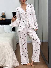 SHEIN Bộ đồ ngủ họa tiết trái tim lãng mạn cỡ lớn, quần áo mùa thu và mùa đông - trắng - Xem 4