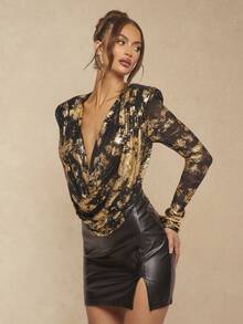Silquee Sexy Sheer Mesh Long Sleeve Draped Deep V-Neck Elegant Satin Bodysuit, Padded Shoulders, Long Sleeves And Ruched Design, Gold Foil Print Sheer Ladies Bodysuit, Suitable For Dates, Outings, Weddings And Parties, Fitted Silhouette, Suitable For Casual Occasions, Dates, Nights Out, Clubs, Parties, Cocktail Events. Sexy Date Outfit, Metallic Finish Apparel, Suitable For Women, Gold Fabric Carnaval Baithingsuit Mardi Gras - Black - View 8